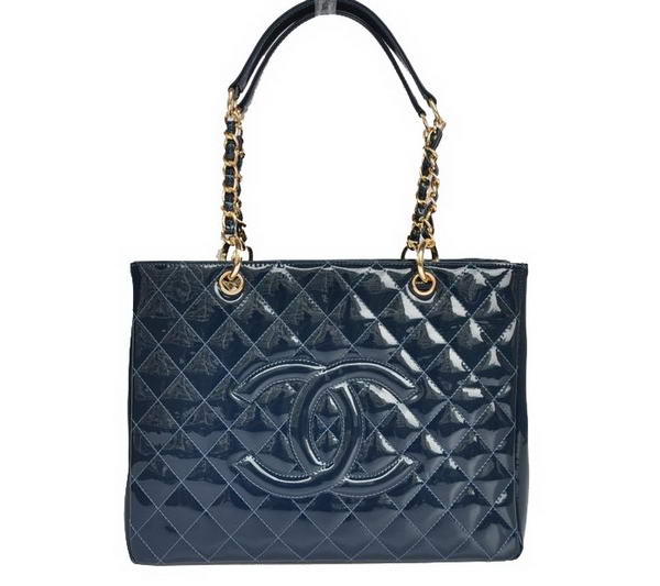 AAA buy cheap Chanel Classic Blue Patent Leather Shopper Bag Gold Hardware Replica